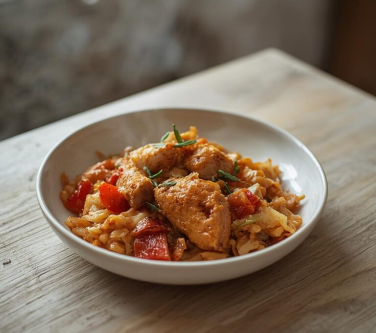Spicy Turkey Cabbage Bowl: A steaming bowl of spicy turkey cabbage bowl with golden cabbage and ruby-red peppers.