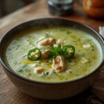 Spicy Verde Turkey Soup: Spicy verde turkey soup in a white bowl with creamy green broth, golden turkey, and fresh cilantro garnish.