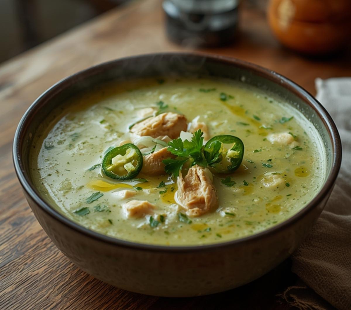 Spicy Verde Turkey Soup Healthy Comfort in a Bowl 4 Spicy Verde Turkey Soup: Spicy verde turkey soup in a white bowl with creamy green broth, golden turkey, and fresh cilantro garnish.