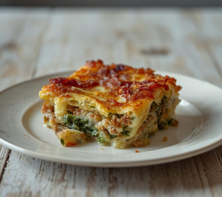 Home 9 Spinach Bacon Blue Cheese: Golden spinach bacon blue cheese casserole with crispy bacon and melted cheese