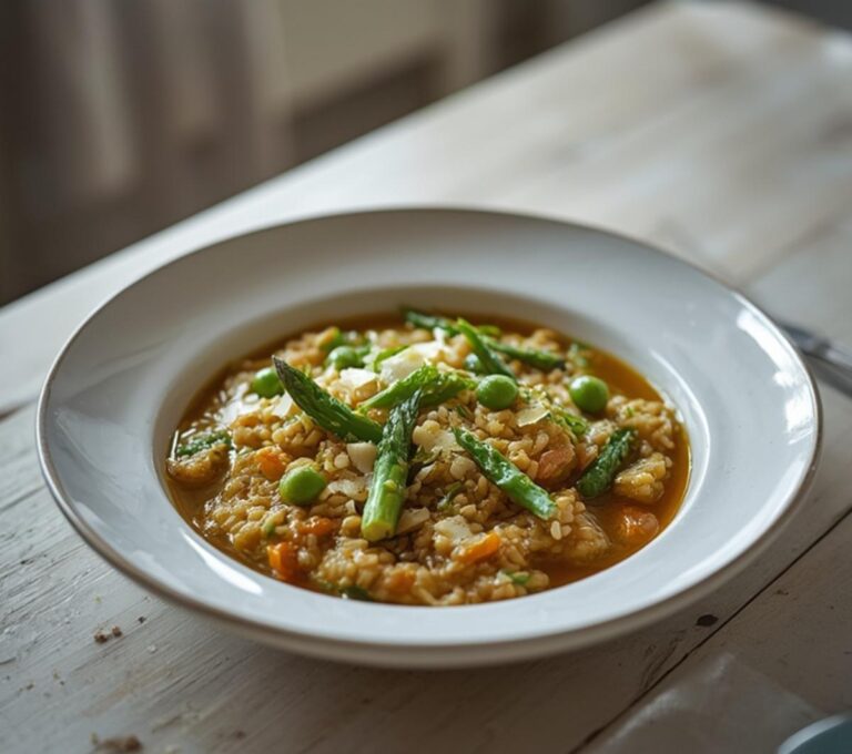 Spring Vegetable Farro Risotto: Creamy Spring Vegetable Farro Risotto in a white bowl with asparagus, peas, and zucchini, glistening with olive oil and parmesan.