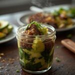 Steak And Egg Bowl: A steaming steak and egg bowl with golden steak, fluffy eggs, and creamy avocado slices on a wooden table.