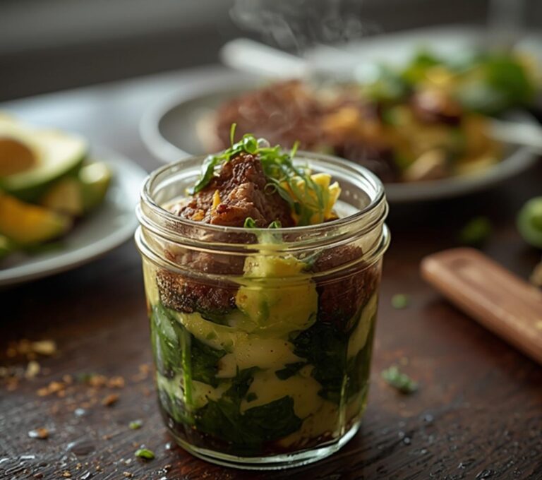Steak And Egg Bowl: A steaming steak and egg bowl with golden steak, fluffy eggs, and creamy avocado slices on a wooden table.
