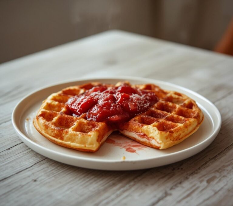 Home 10 Strawberry Cream Chaffles: Golden crispy keto chaffles topped with creamy ruby-red strawberry cream, perfect for a sweet low-carb breakfast.