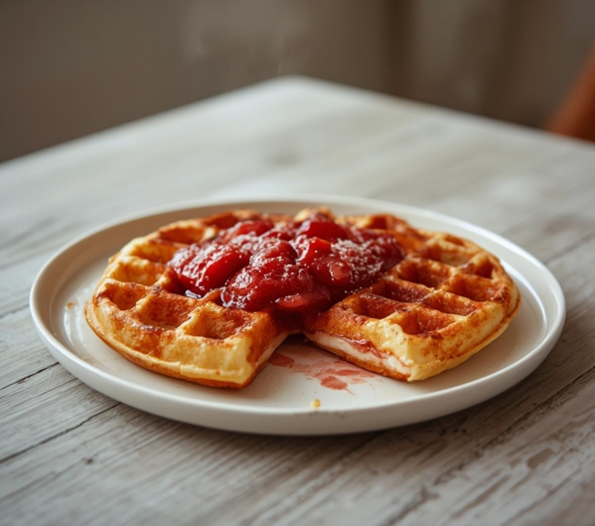 Easy Strawberry Cream Chaffles For A Sweet Keto Breakfast 4 Strawberry Cream Chaffles: Golden crispy keto chaffles topped with creamy ruby-red strawberry cream, perfect for a sweet low-carb breakfast.