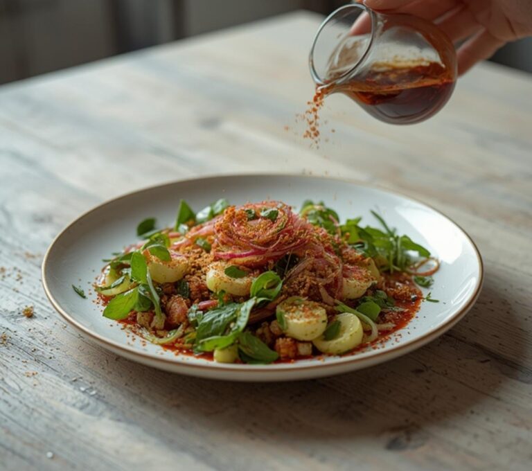 Home 6 Sumac Onion Herb Salad: Fresh Sumac Onion Herb Salad in a bowl with ruby-red dressing and green herbs.