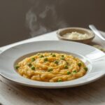 Summer Pea Barley Risotto: Creamy Summer Pea Barley Risotto in a white bowl with glistening olive oil and bright green peas.