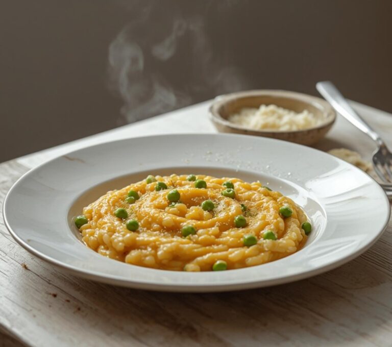 Summer Pea Barley Risotto: Creamy Summer Pea Barley Risotto in a white bowl with glistening olive oil and bright green peas.