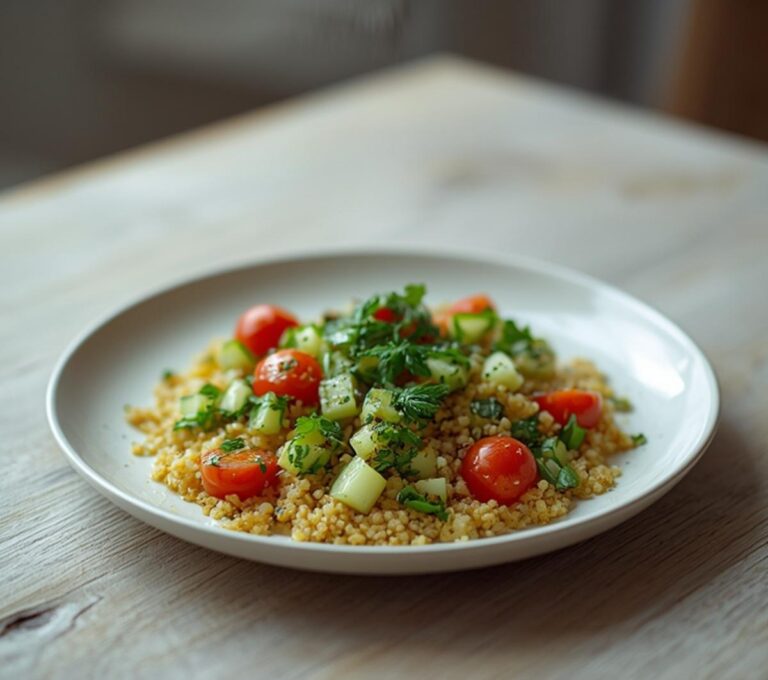 Home 9 Tabbouleh With Fresh Parsley: Fresh tabbouleh salad with chopped parsley, bulgur, tomatoes, and cucumber in a bowl, glistening with lemon dressing.