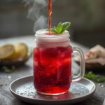 Tart Cherry Recovery Juice: Ruby-red Tart Cherry Recovery Juice in a glass with a light frothy top, perfect for post-workout hydration and muscle soothing.