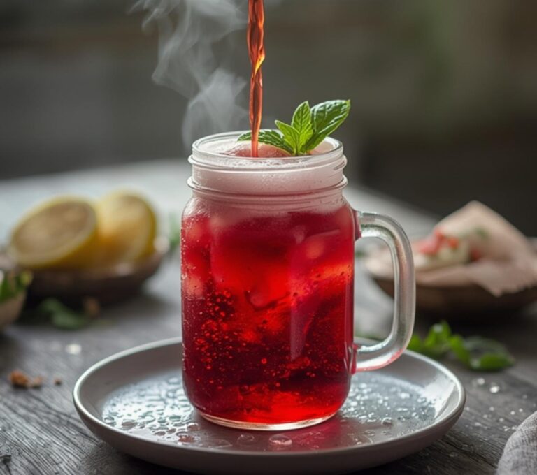 Tart Cherry Recovery Juice: Ruby-red Tart Cherry Recovery Juice in a glass with a light frothy top, perfect for post-workout hydration and muscle soothing.