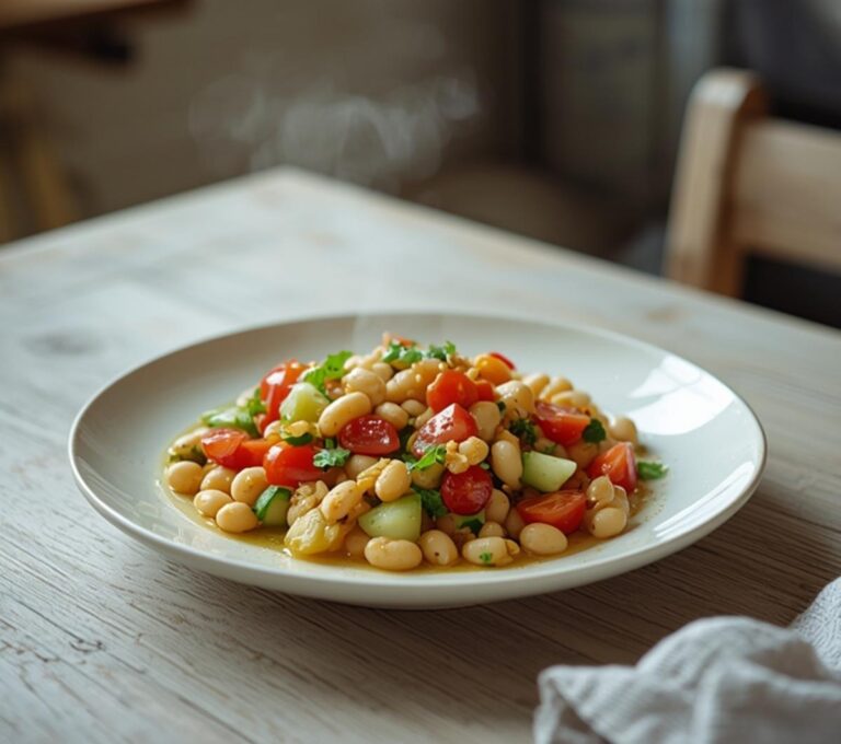 Home 7 Three Bean Mediterranean Salad: A vibrant Three Bean Mediterranean Salad in a bowl with chickpeas, kidney beans, cucumbers, and tomatoes glistening with lemon-olive oil dressing.