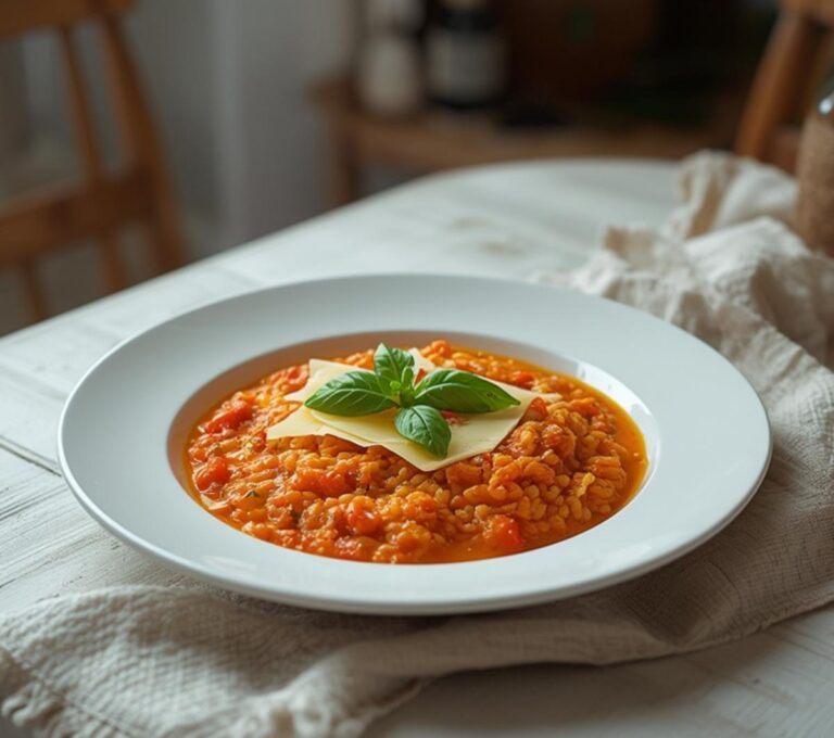 Tomato Basil Parmesan Risotto: Creamy Tomato Basil Parmesan Risotto in a white bowl with fresh basil and melted Parmesan on top.