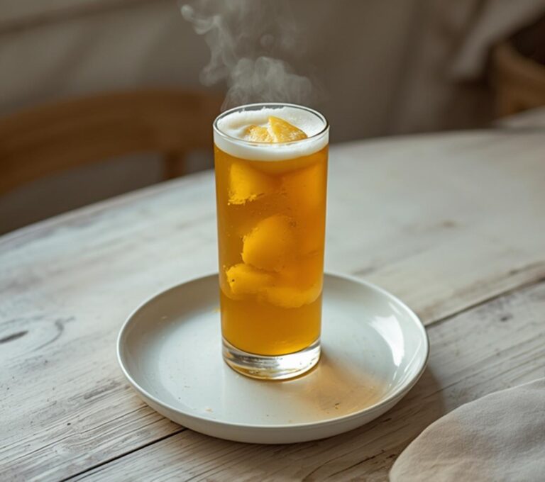 Tropical Turmeric Tonic: Golden Tropical Turmeric Tonic in a glass with pineapple chunks and foam, a refreshing anti-inflammatory drink.
