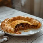 Turkish Beef Pide: Golden Turkish beef pide with a flaky crust and savory beef filling on a wooden board.