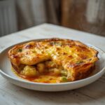 Vegetable Dumpling Gratin: Golden, cheesy Vegetable Dumpling Gratin with crisp edges and bubbling vegetables in a baking dish.