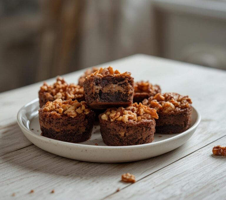 Home 17 Walnut Keto Brownie Bites: Walnut keto brownie bites with toasted nuts on a plate, low-carb dessert for keto snacks