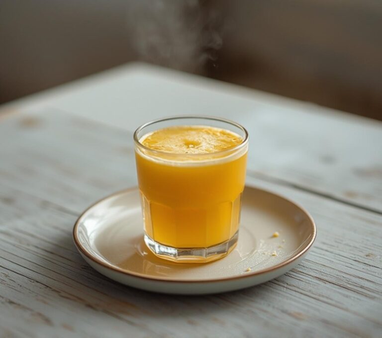 Wheatgrass Pineapple Shot: Glistening amber Wheatgrass Pineapple Shot in a small glass, fresh and vibrant.