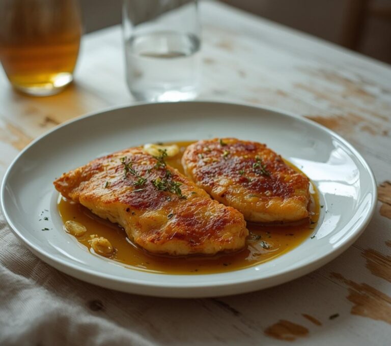 Home 8 White Wine Chicken Sauté: Golden chicken breasts in a glistening white wine and herb sauce in a skillet.