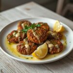 Baked Falafel Platter: Golden baked falafel patties on a platter with creamy tahini and lemon, perfect for a Mediterranean dinner.