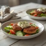 Greek Turkey Burger Bowls: Greek Turkey Burger Bowls with golden patties, ruby-red tomatoes, and creamy feta cheese.
