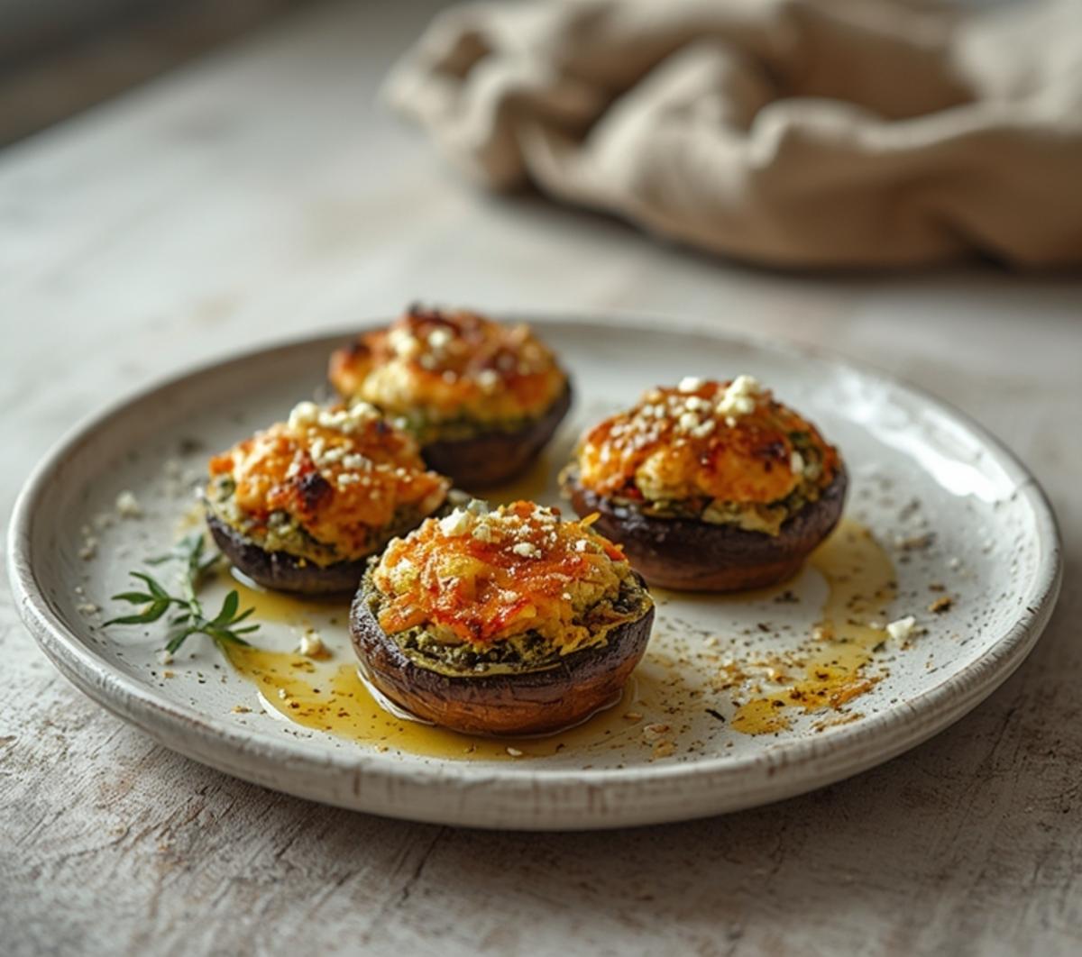 Mediterranean Stuffed Portobello Mushrooms: Juicy Mediterranean stuffed portobello mushrooms with a golden, glistening olive oil glaze and bubbling feta topping.