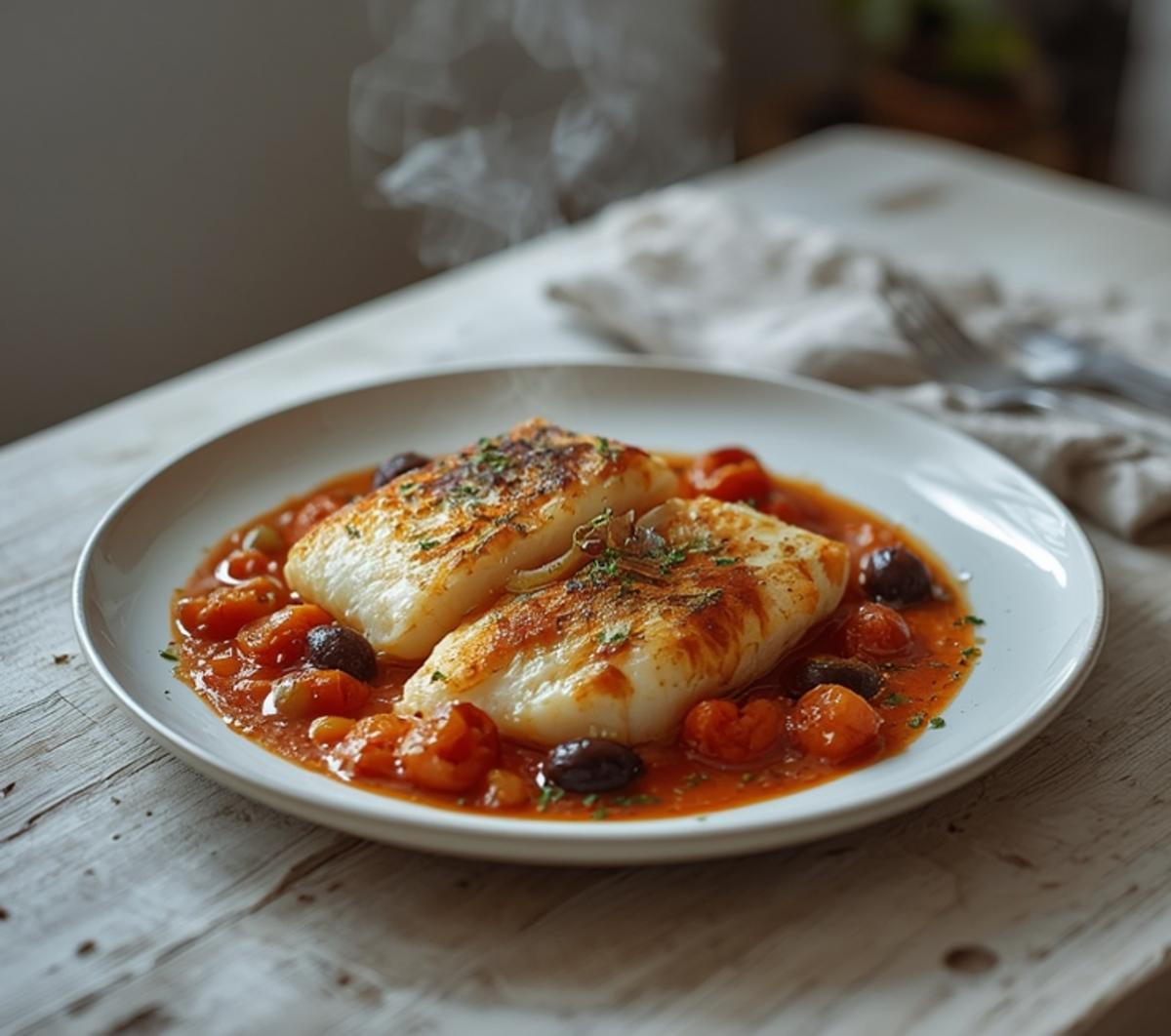 One Pot Mediterranean Cod: One Pot Mediterranean Cod with golden flaky fish, ruby-red tomatoes, and glistening olive sauce in a skillet.