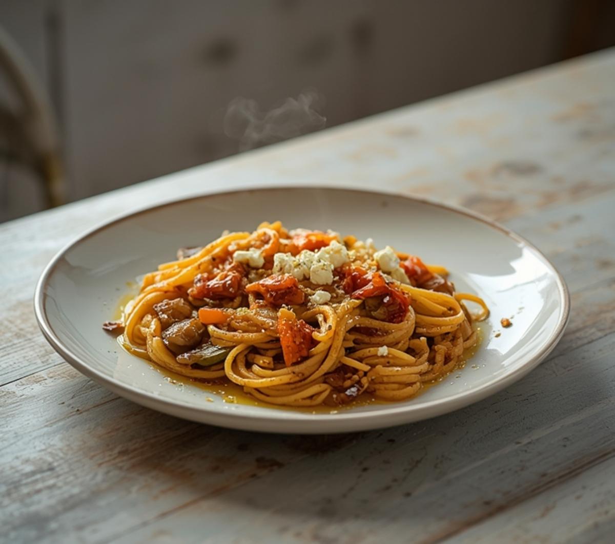 Roasted Mediterranean Veggie Pasta: A bowl of roasted Mediterranean veggie pasta with golden vegetables and melted feta cheese.