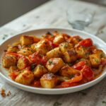 Sheet Pan Chicken Souvlaki: Golden baked chicken souvlaki with peppers and onions on a sheet pan, glistening with olive oil and herbs.