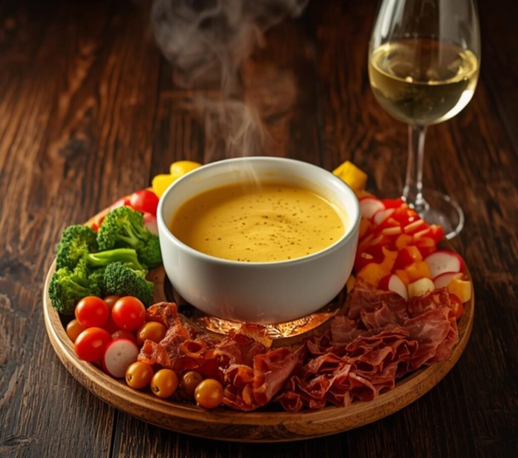 A bubbling white fondue pot filled with creamy Keto Cheese Fondue Dip, surrounded by vibrant dippers.