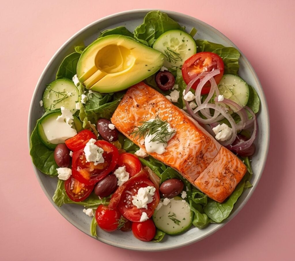 A colorful Greek Salmon Salad Healthy with salmon, fresh vegetables, and creamy dressing on a plate.