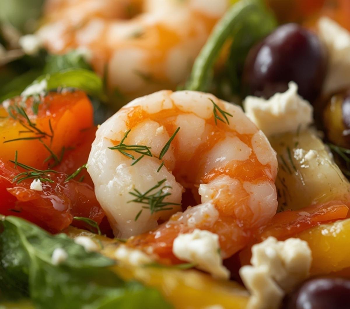 Macro view of tender shrimp and fresh vegetables in a delicious Greek Shrimp Salad Healthy.