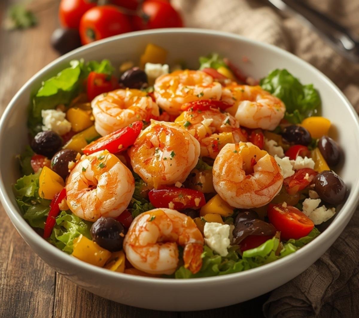 A colorful and vibrant Greek Shrimp Salad Healthy in a bowl, ready to be served.