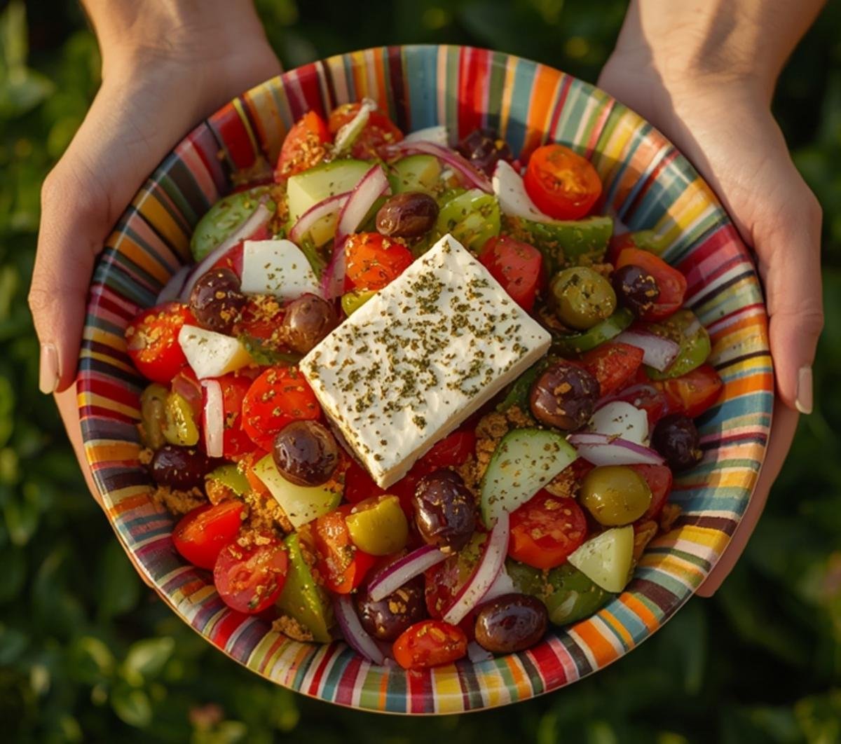 A person holding a vibrant bowl of traditional Greek Village Salad Horiatiki with feta and olives.