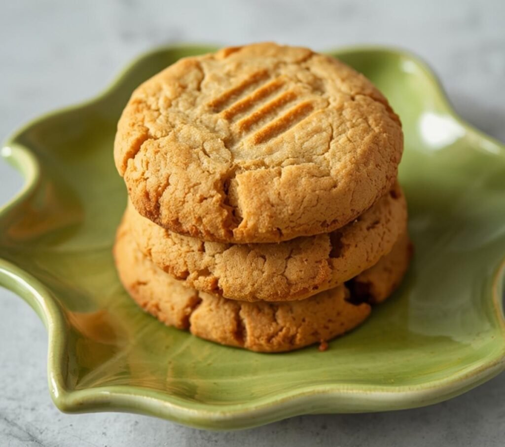 A delicious pile of golden brown Keto Almond Flour Cookies on a vibrant green plate.