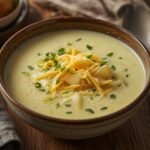 A warm bowl of Creamy Potato Leek Soup Low Carb topped with melted cheddar cheese.