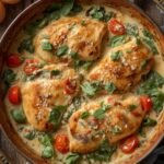 A beautiful skillet of Creamy Tuscan Chicken with fresh spinach and vibrant cherry tomatoes.