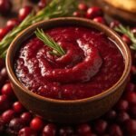 A beautiful bowl of homemade Keto Cranberry Sauce garnished with fresh rosemary on a wooden table.