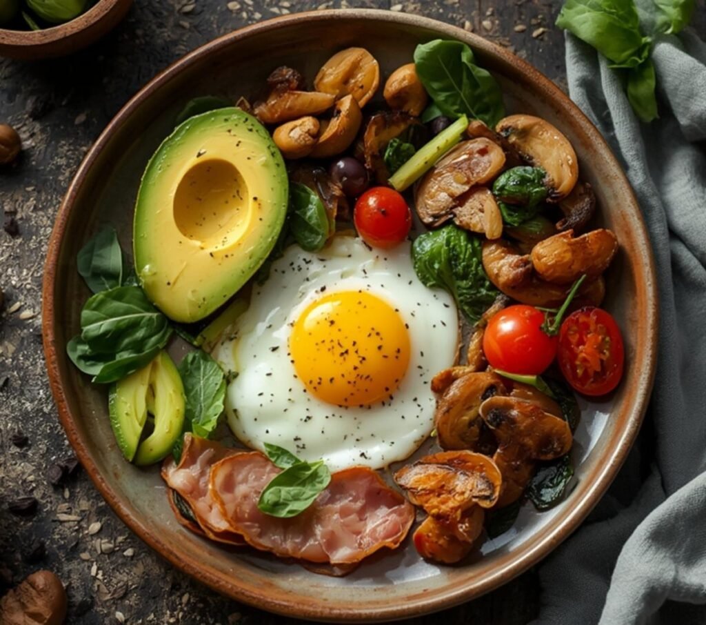 A colorful and healthy keto breakfast with egg, avocado, vegetables, and ham on a plate
