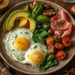 A rustic platter featuring a delicious keto diet breakfast keto breakfast with fresh vegetables and protein.
