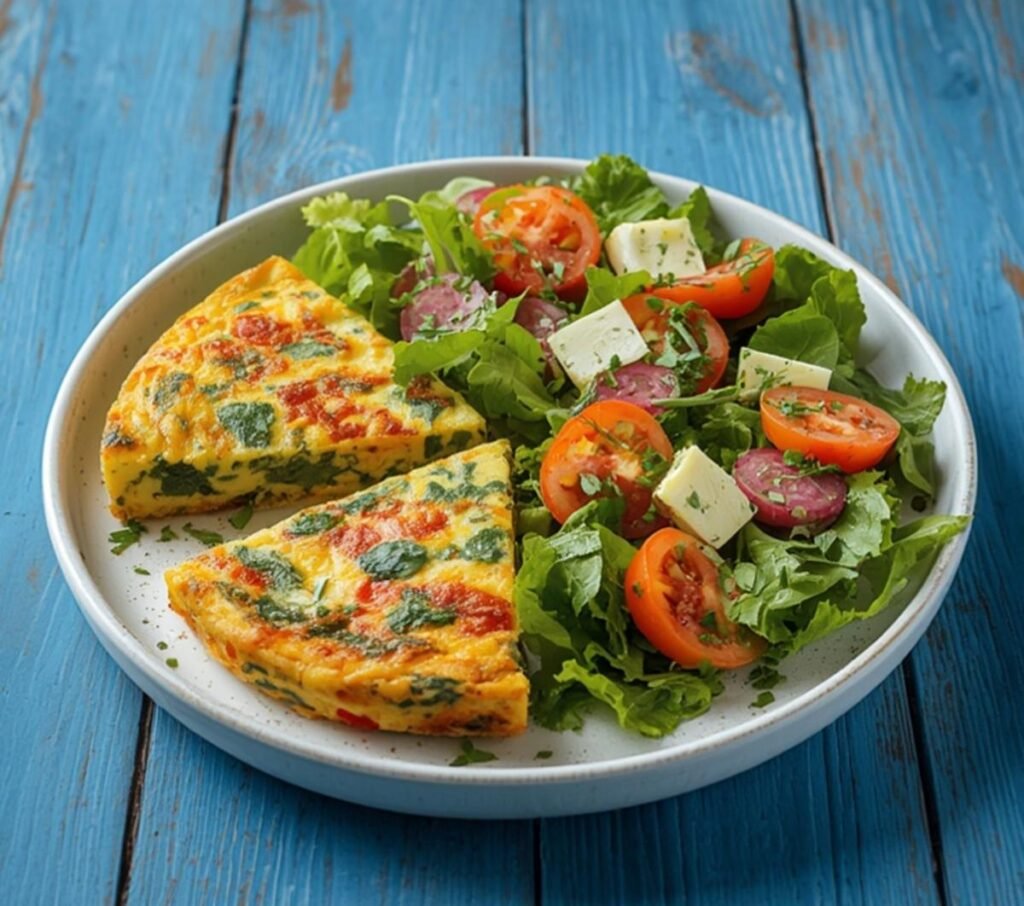 A delicious frittata and side salad representing easy keto diet recipes easy low-carb for dinner