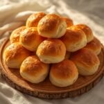A rustic arrangement of freshly baked golden brown Keto Dinner Rolls on a wooden platter.