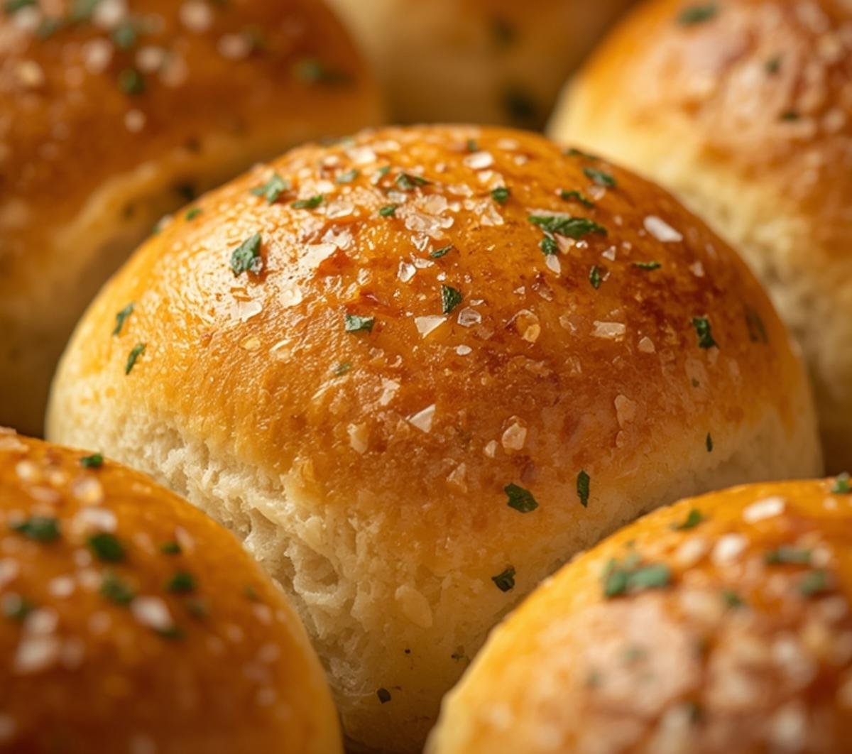 Extreme close-up shot showing the fluffy texture and buttery herb crust of Keto Dinner Rolls.