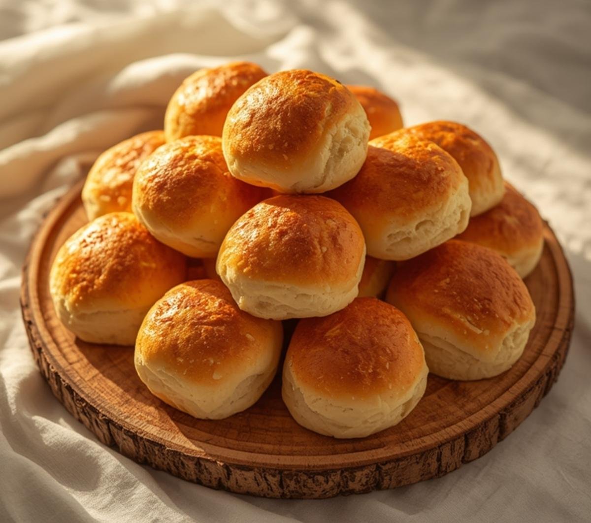 A rustic arrangement of freshly baked golden brown Keto Dinner Rolls on a wooden platter.