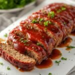 A juicy Keto Meatloaf Recipe served on a white platter with fresh green parsley garnish