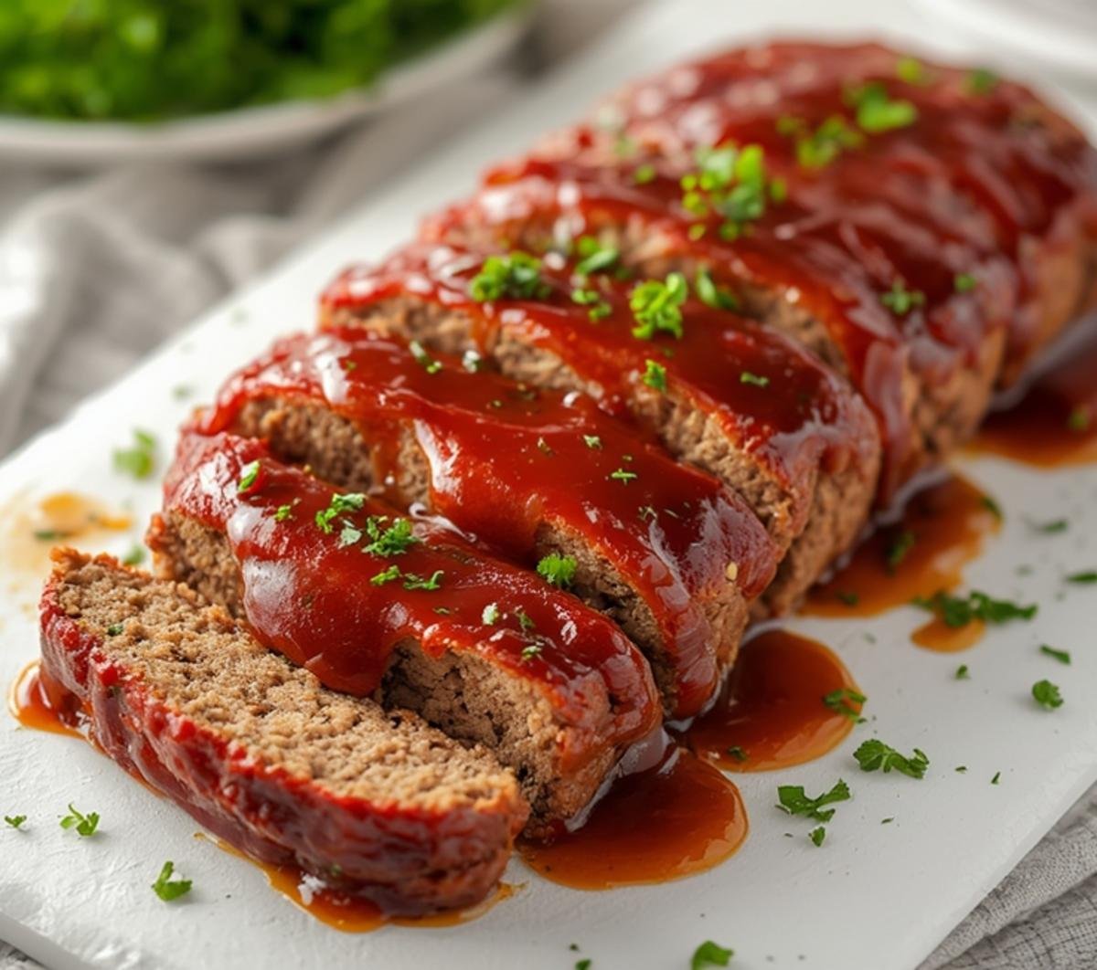 A juicy Keto Meatloaf Recipe served on a white platter with fresh green parsley garnish