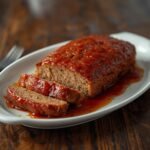 A rustic Keto Meatloaf Recipe on a white platter with a shiny sugar-free ketchup glaze.