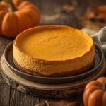 A beautiful Keto Pumpkin Cheesecake served on a ceramic plate during golden hour lighting
