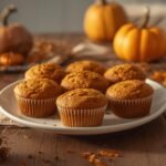 A rustic plate featuring freshly baked Keto Pumpkin Muffins on a wooden kitchen counter