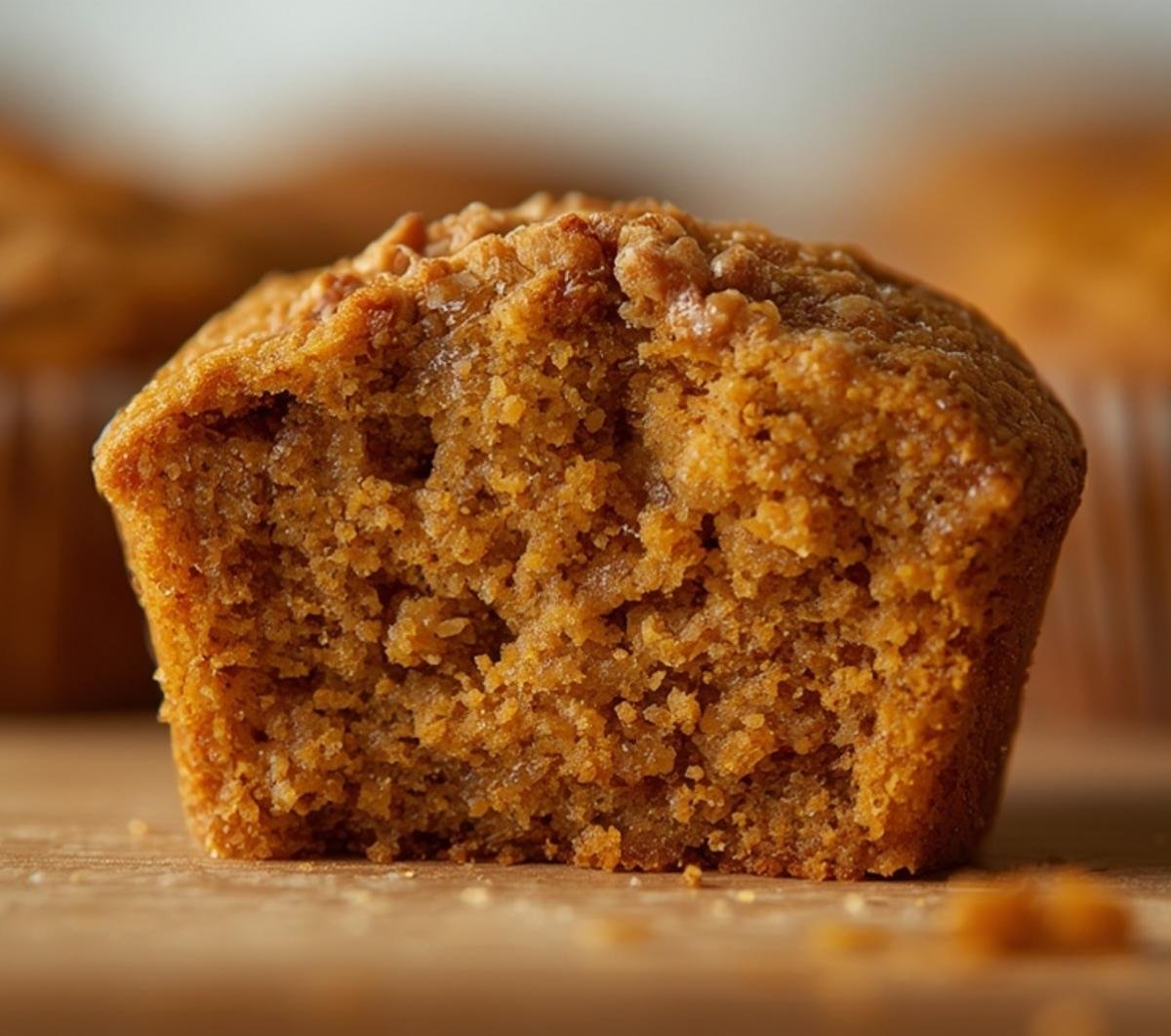 Close-up detail of the moist and fluffy texture of homemade Keto Pumpkin Muffins